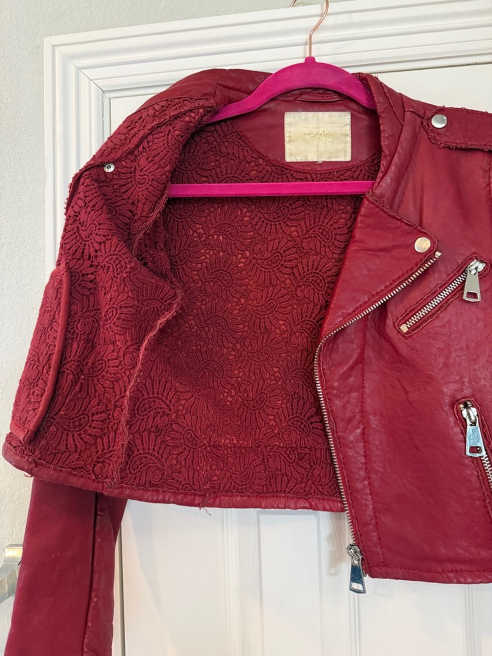 Maje Paris Red “Bonnie” Lamb Leather Moto Jacket with Asymmetrical Zip - Picture 6 of 6